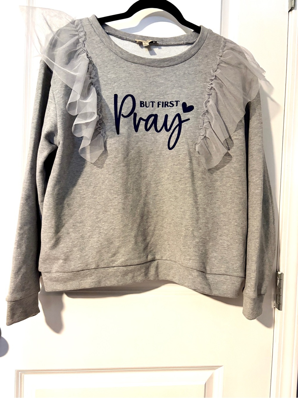 FA Grey Sweatshirt with Navy "But First Pray" and Tulle Ruffles